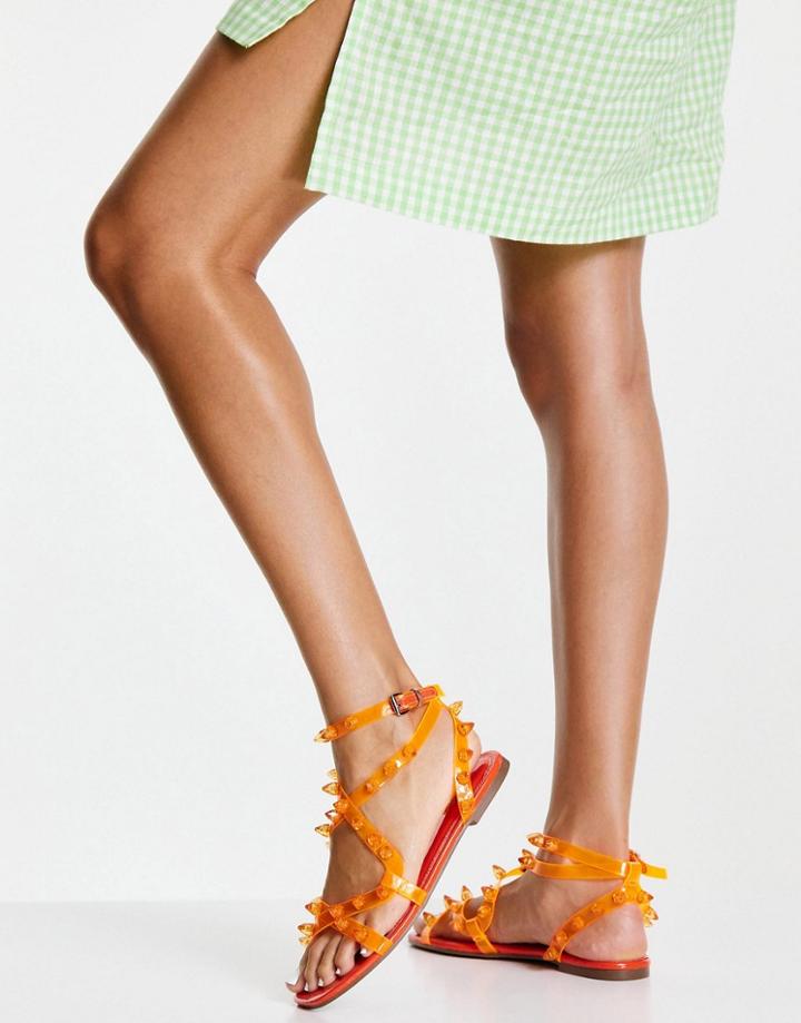 Asos Design Font Clear Strappy Studded Sandals In Orange
