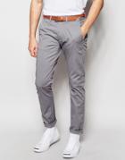 Selected Homme Slim Fit Chinos With Italian Leather Belt - Gray
