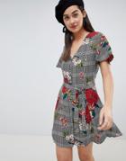 Brave Soul Button Through Dress In Floral Check Print - Multi