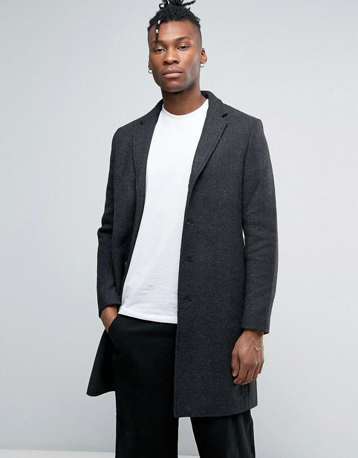 Selected Wool Mix Herringbone Overcoat - Gray