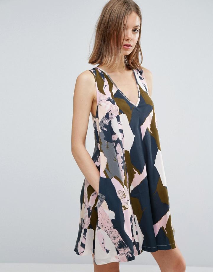 Native Youth Graphic Coastal Print V Neck Swing Dress - Multi