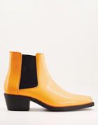 Asos Design Cuban Heel Western Chelsea Boots In Orange Faux Leather With Metal Hardware