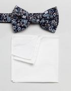 Moss London Wedding Bow Tie & Pocket Square In Navy Floral - Navy