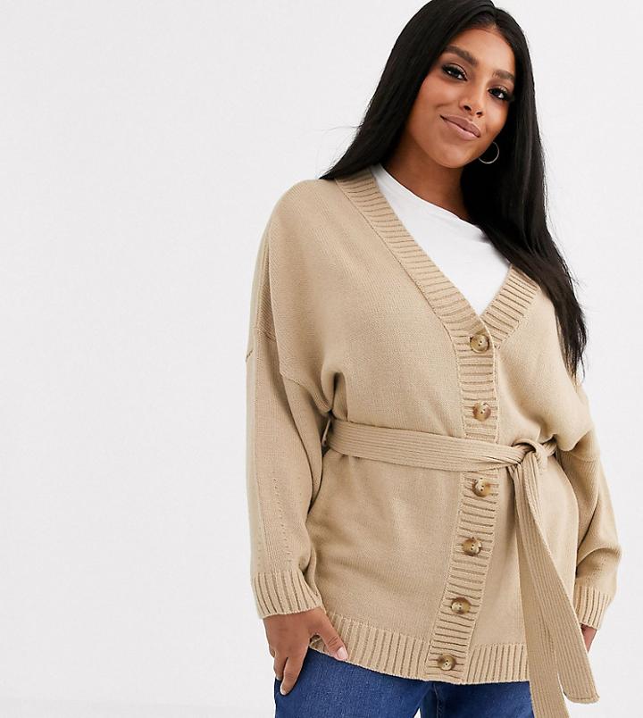 Asos Design Curve Oversized Belted Cardigan-stone