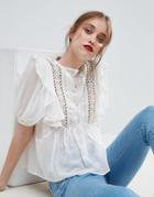 Asos Ruffle Blouse With Eyelet Detail And Lace Insert - Cream