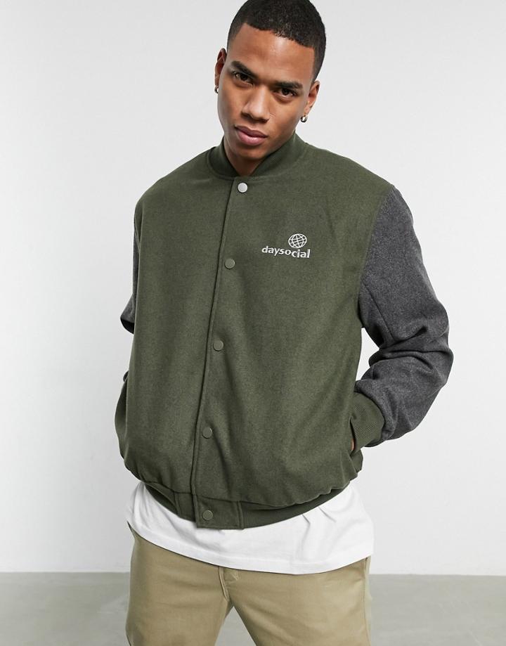 Asos Daysocial Oversized Varsity Jacket In Khaki With Contrast Gray Sleeves-green