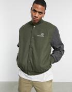 Asos Daysocial Oversized Varsity Jacket In Khaki With Contrast Gray Sleeves-green