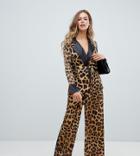Missguided Satin Tailored Wide Leg In Leopard - White