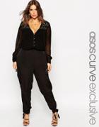 Asos Curve Button Through Jumpsuit With Embroidery - Black