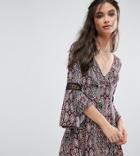 Sisters Of The Tribe Petite Printed Mini Skater Dress With Crochet Insert Sleeve - Multi