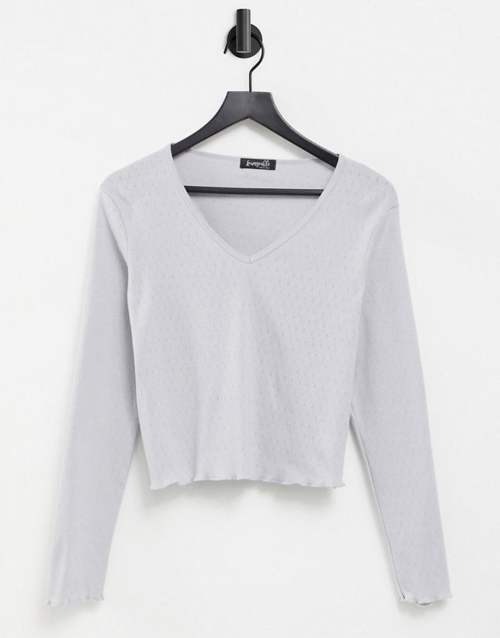 Loungeable Pointelle Lounge Long Sleeve Top With Lettuce Edge In Gray-grey