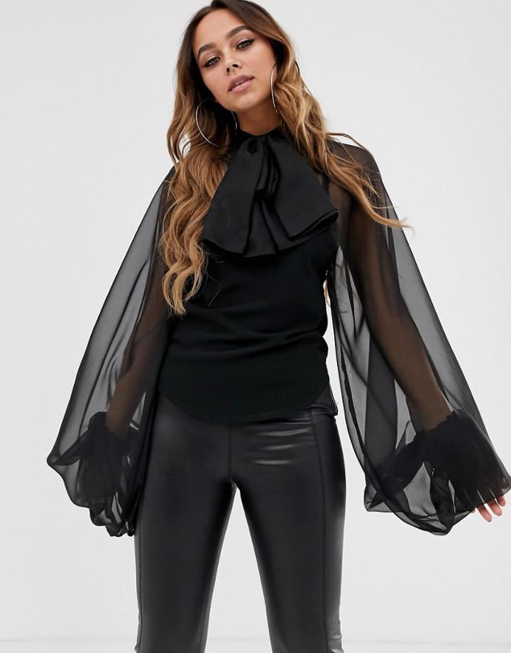 Club L London Balloon Sleeve Blouse With Tie Neck In Black - Black