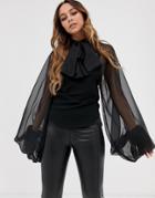 Club L London Balloon Sleeve Blouse With Tie Neck In Black - Black