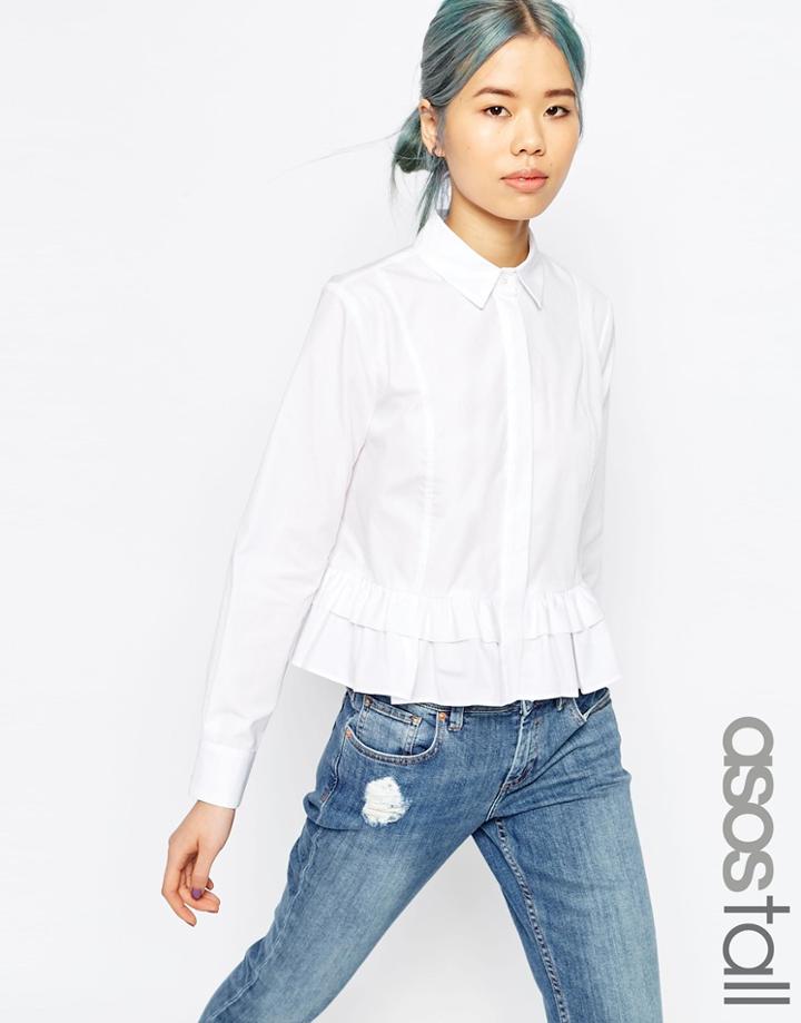 Asos Tall White Shirt With Ruffle Hem - White