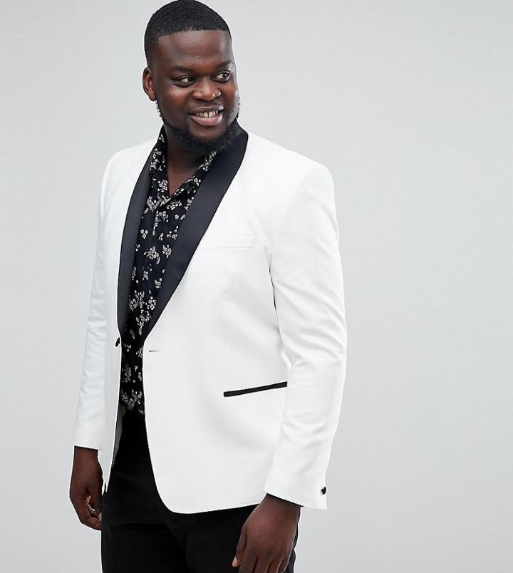 Asos Plus Slim Tuxedo Suit Jacket In White With Black Contrast Lapel - White