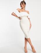 Vesper Midi Body-conscious Dress With Ruffle Detail In Light Oatmeal-brown