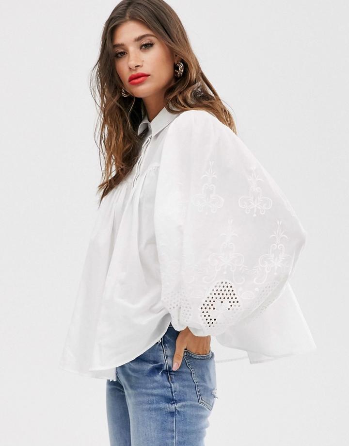 Asos Design Long Sleeve Cotton Smock Shirt With Embroidery Detail