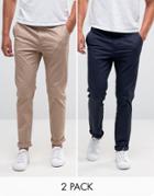 Asos Design 2 Pack Slim Chinos In Navy & Stone Save-multi