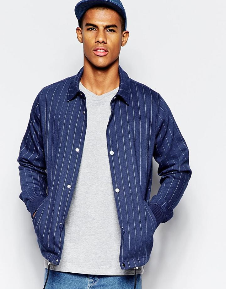 Asos Pinstripe Coach Jacket In Blue - Blue