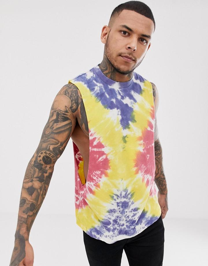 Asos Design Relaxed Sleeveless T-shirt With Extreme Dropped Armhole In Bright Tie Dye Wash-yellow