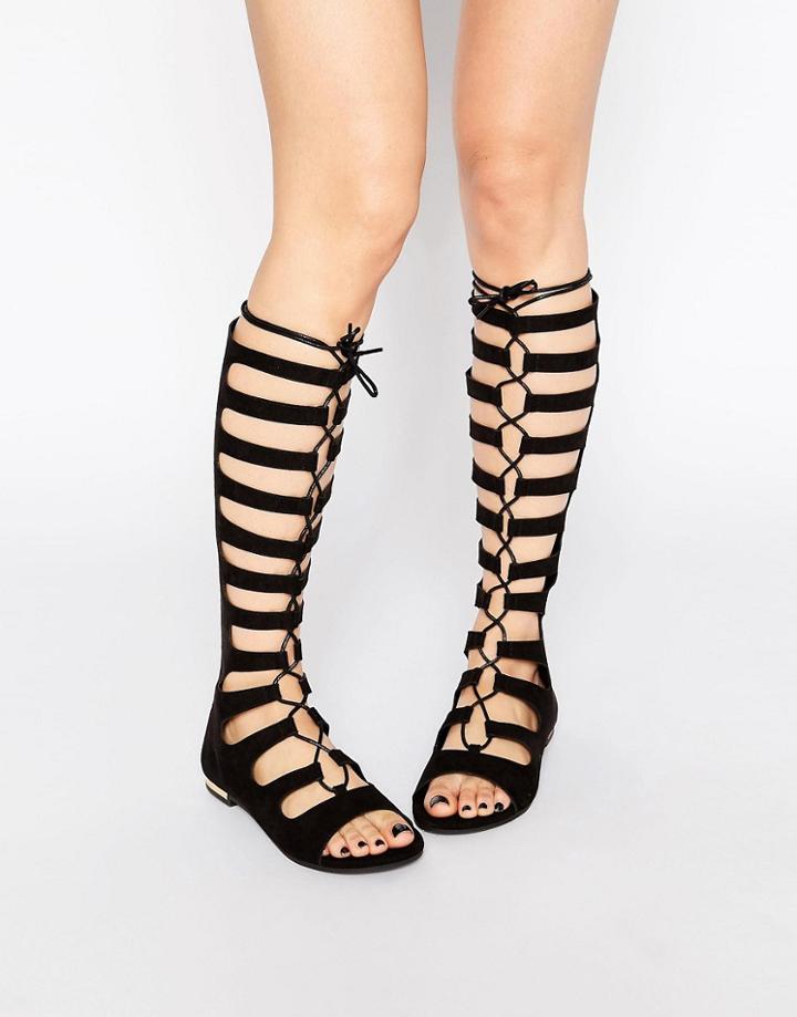 Truffle Collection Gladiator Knee High Flat Sandals - Black Mf