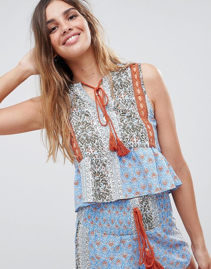 Glamorous Folk Top With Peplum Hem And Tassle Ties In Patchwork Print Two-piece-blue