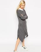 Asos Sweater Dress In Rib Knit In Trapeze Shape With Popper Detail - Gray