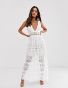 Love Triangle Plunge Front Delicate Lace Maxi Dress In White - White