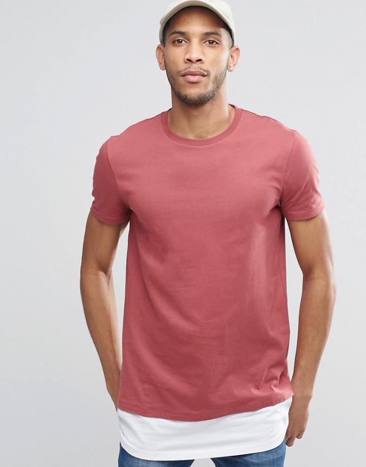 Asos Super Longline T-shirt With Contrast Hem Extender In Rust