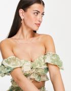 Asos Design Floral Off Shoudler Top With Puff Sleeve In Textured Chiffon - Part Of A Set-multi