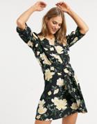Only 3/4 Sleeve Skater Dress In White Based Floral Print-multi
