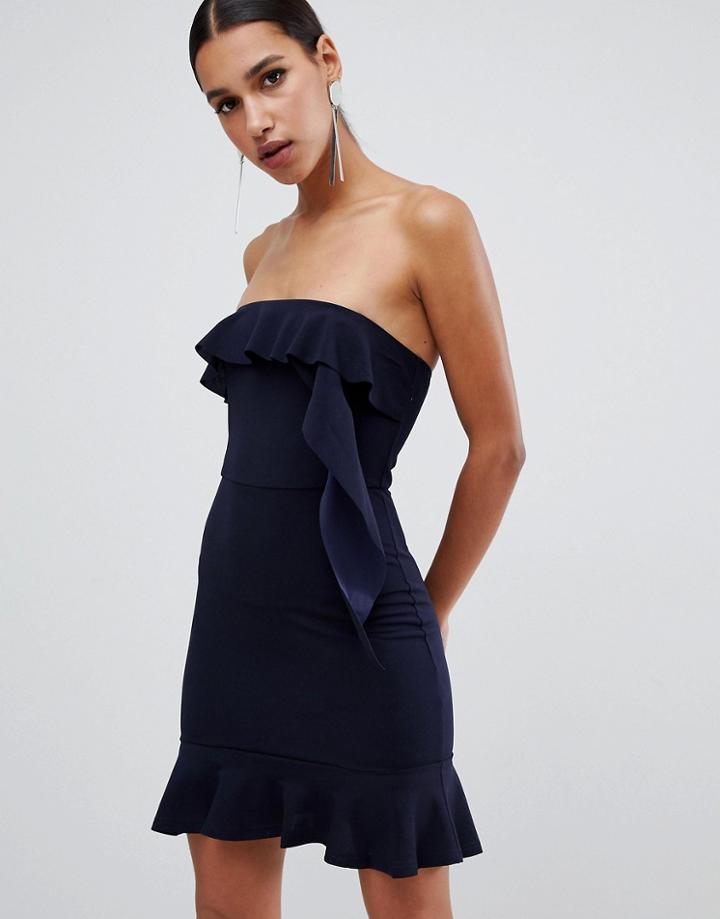 Ax Paris Off Shoulder Mini Frill Hem Dress - Navy