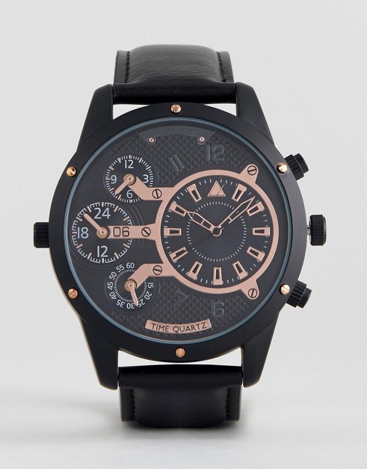 Asos Oversized Watch In Black And Rose Gold With Subdials - Black