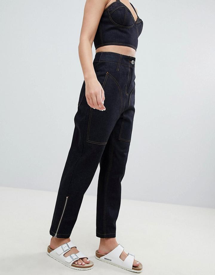 Asos Design Clean Tapered Boyfriend Jean With Contrast Stitch Detail - Blue