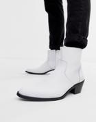 Asos Design Stacked Heel Western Chelsea Boots In White Leather