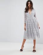 Asos Long Sleeve Lace Midi Prom Dress - Gray