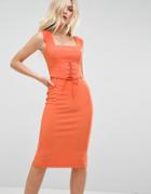 Asos Premium Heavy Rib Pencil Dress With Corset - Orange