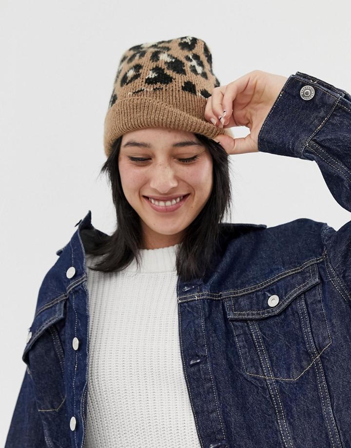 Asos Design Leopard Beanie - Brown