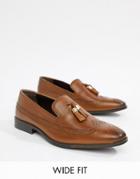 Asos Design Wide Fit Brogue Loafers In Tan Leather With Gold Tassel Detail