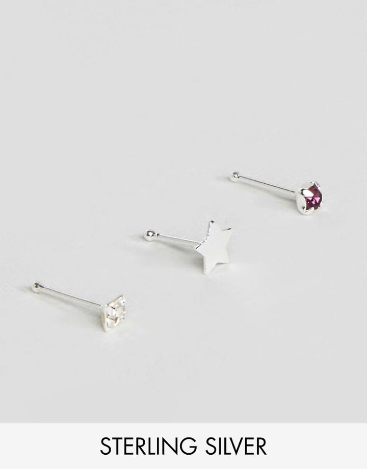 Asos Sterling Silver Pack Of 3 Star Stone Nose Stud Pack - Silver