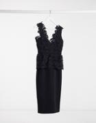 Bardot Lace Peplum Midi Dress In Black