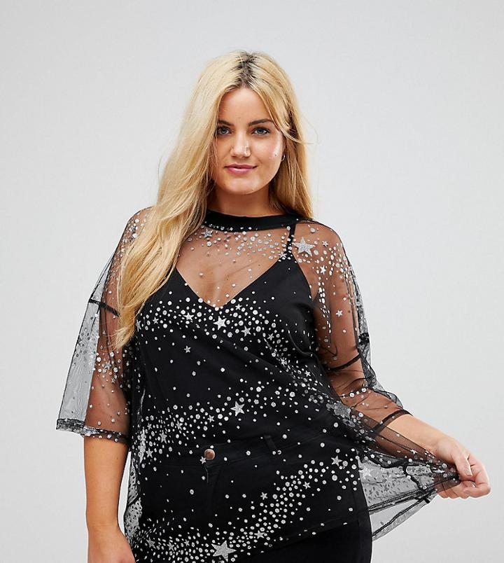 Alice & You Oversized T-shirt In Sheer Metallic Star Mesh - Black