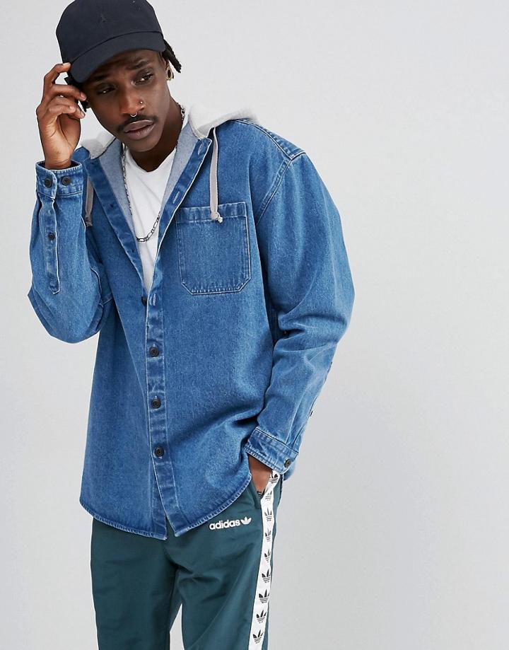 Asos Oversized Denim Shirt With Hood And Longline In Mid Wash - Blue