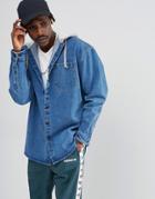 Asos Oversized Denim Shirt With Hood And Longline In Mid Wash - Blue