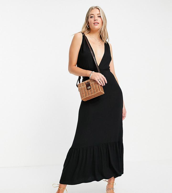 Pieces Tall Plunge Neck Midi Dress In Black