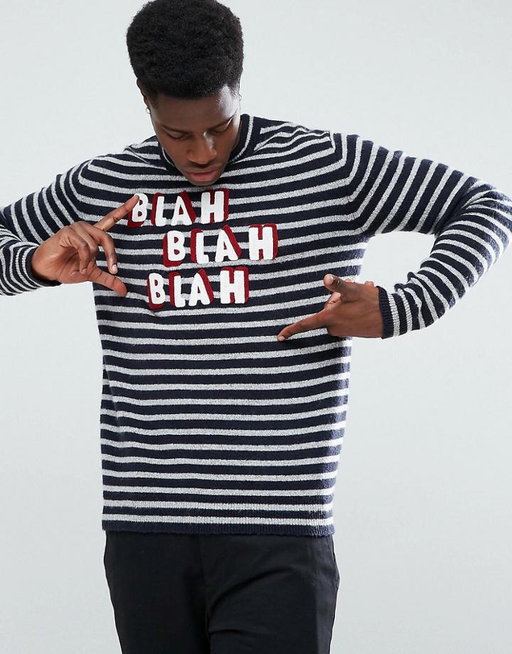 Stradivarius Stripe Slogan Sweater In Navy - Navy