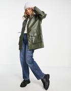 Asos Design Leather Look Parka Coat In Olive-green
