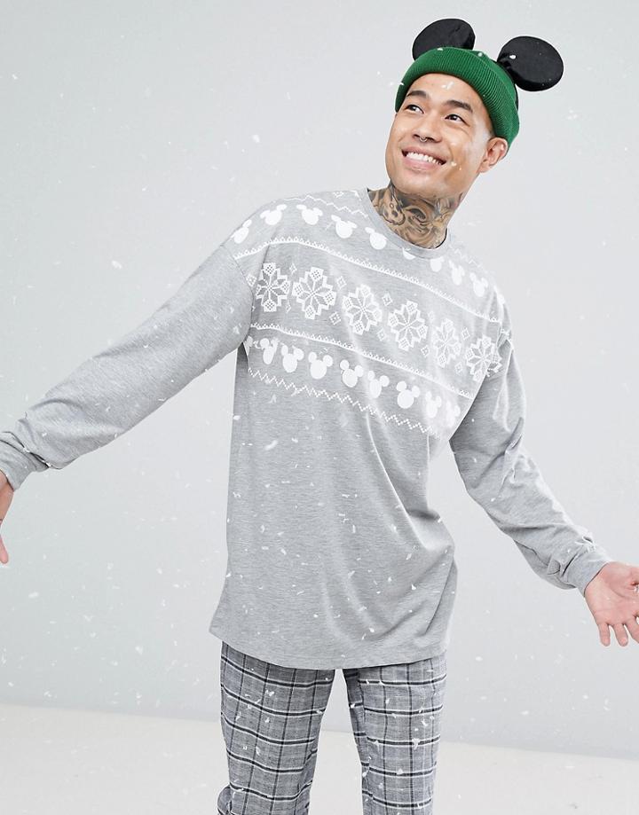 Asos Mickey Holidays Oversized Long Sleeve T-shirt With Fair Isle Print - Gray