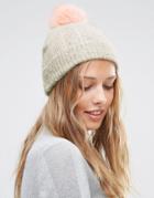 Asos Fluffy Gray Beanie With Pink Faux Fur Pom - Gray
