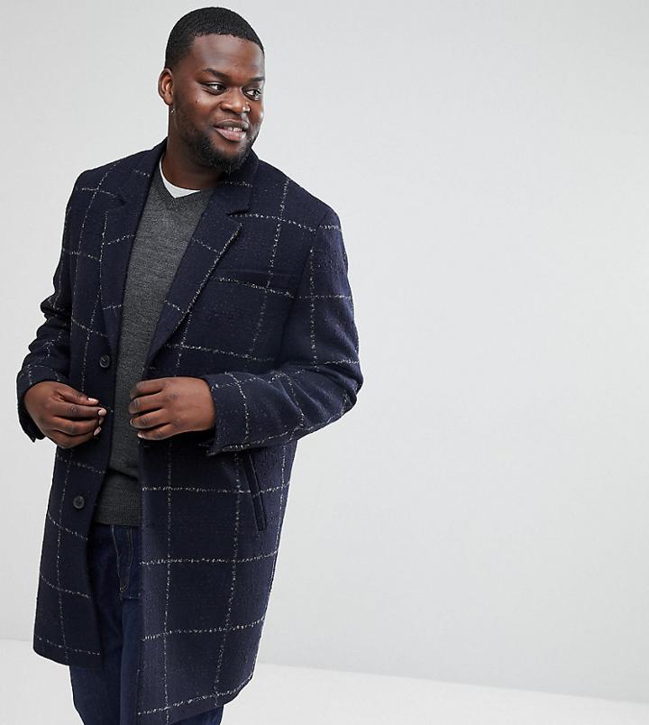Asos Plus Checked Wool Mix Overcoat In Navy - Navy